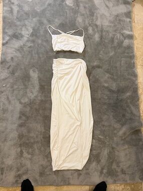 White Two-Piece Ruched Skirt Set Bachelorette Honeymoon Reception Set